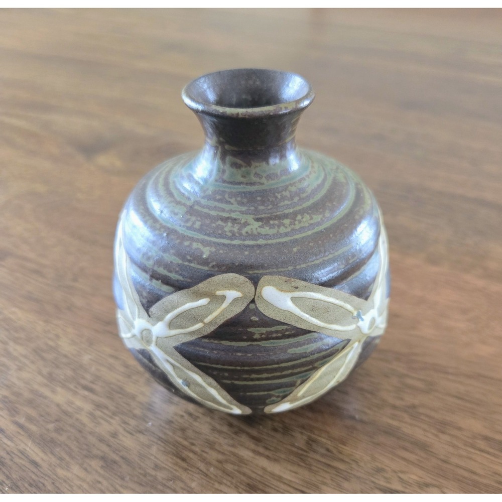 Vintage Studio Pottery Bud Vase with Incised and Glazed Abstract Motif